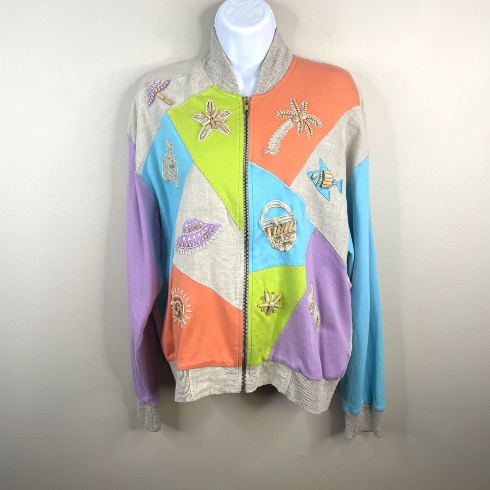 Vintage IB Diffusion Tropical Linen Bomber Jacket Large Beaded Beachy Hong Kong